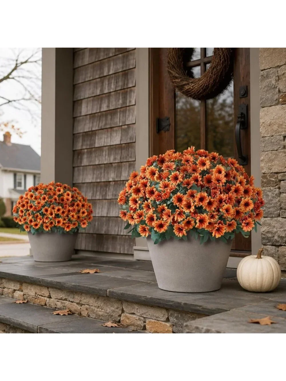 Set of 2 Fall Daisy Topiary Ball Trees - Vibrant Orange Fake Mums for Porch